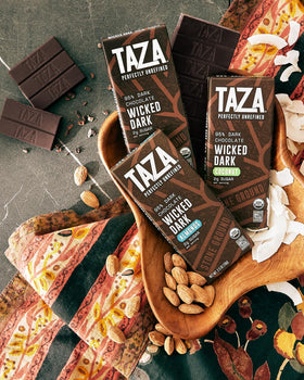 Taza Wicked Dark 95% almonds bar showcasing crunchy almond texture.