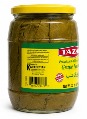 TAZAH grape leaves brine close-up showing vibrant leaves and authentic flavor