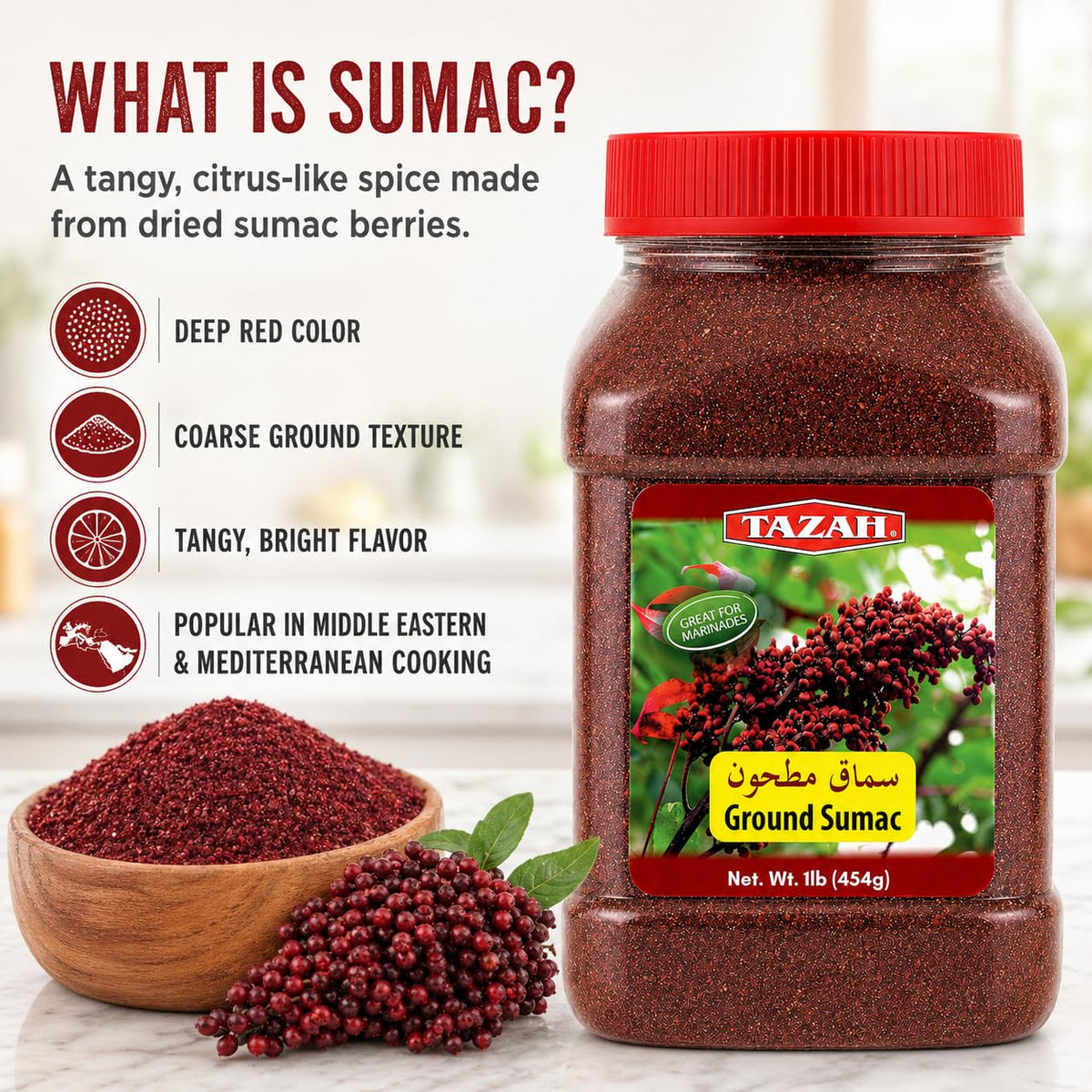 Tazah Sumac Spice ground powder texture close-up, easy to sprinkle.