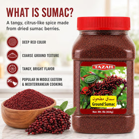 Tazah Sumac Spice ground powder texture close-up, easy to sprinkle.