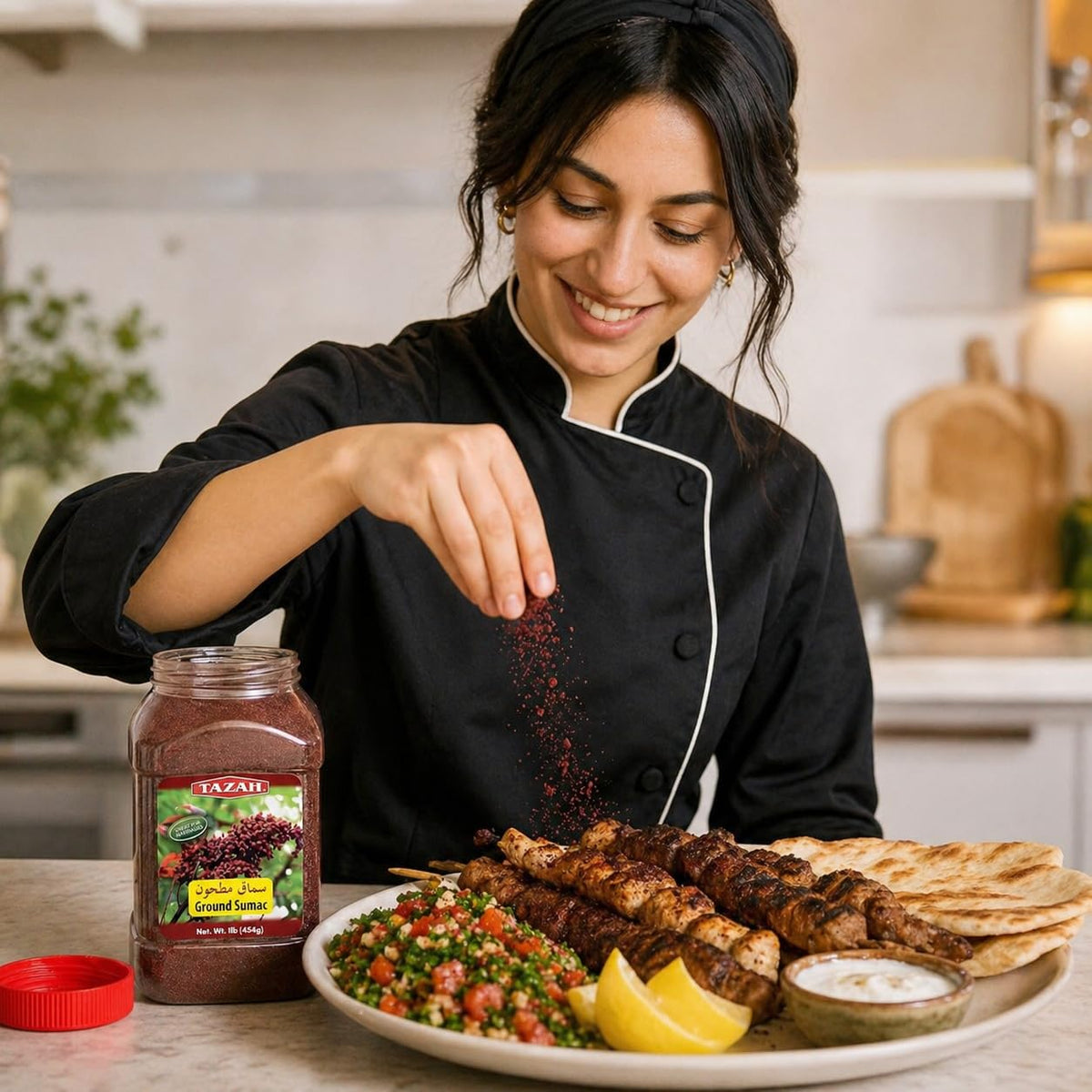 Pouring Tazah Sumac Spice onto a dish for enhanced flavor.