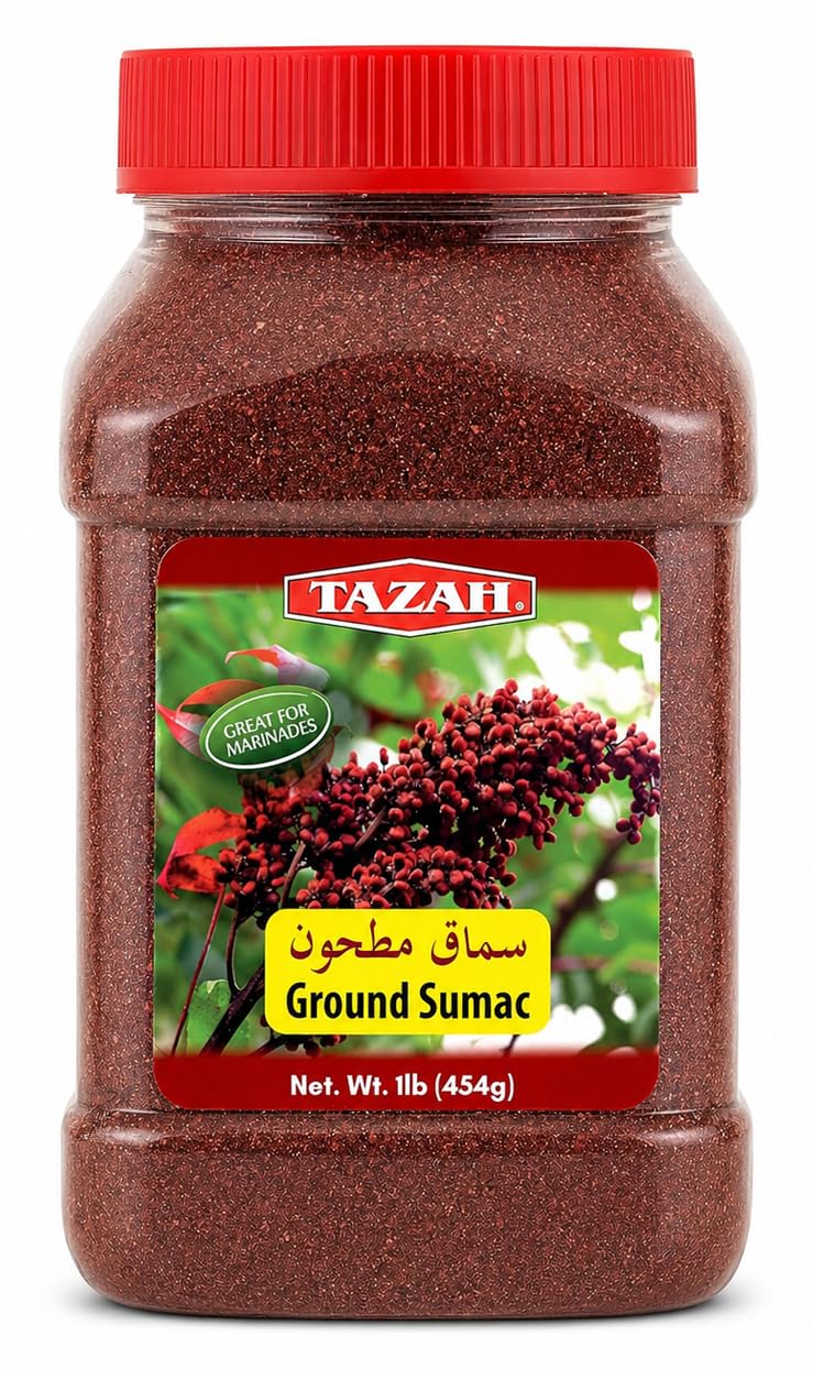 Tazah Sumac Spice jar front view highlighting authentic citrusy tang for dressings.