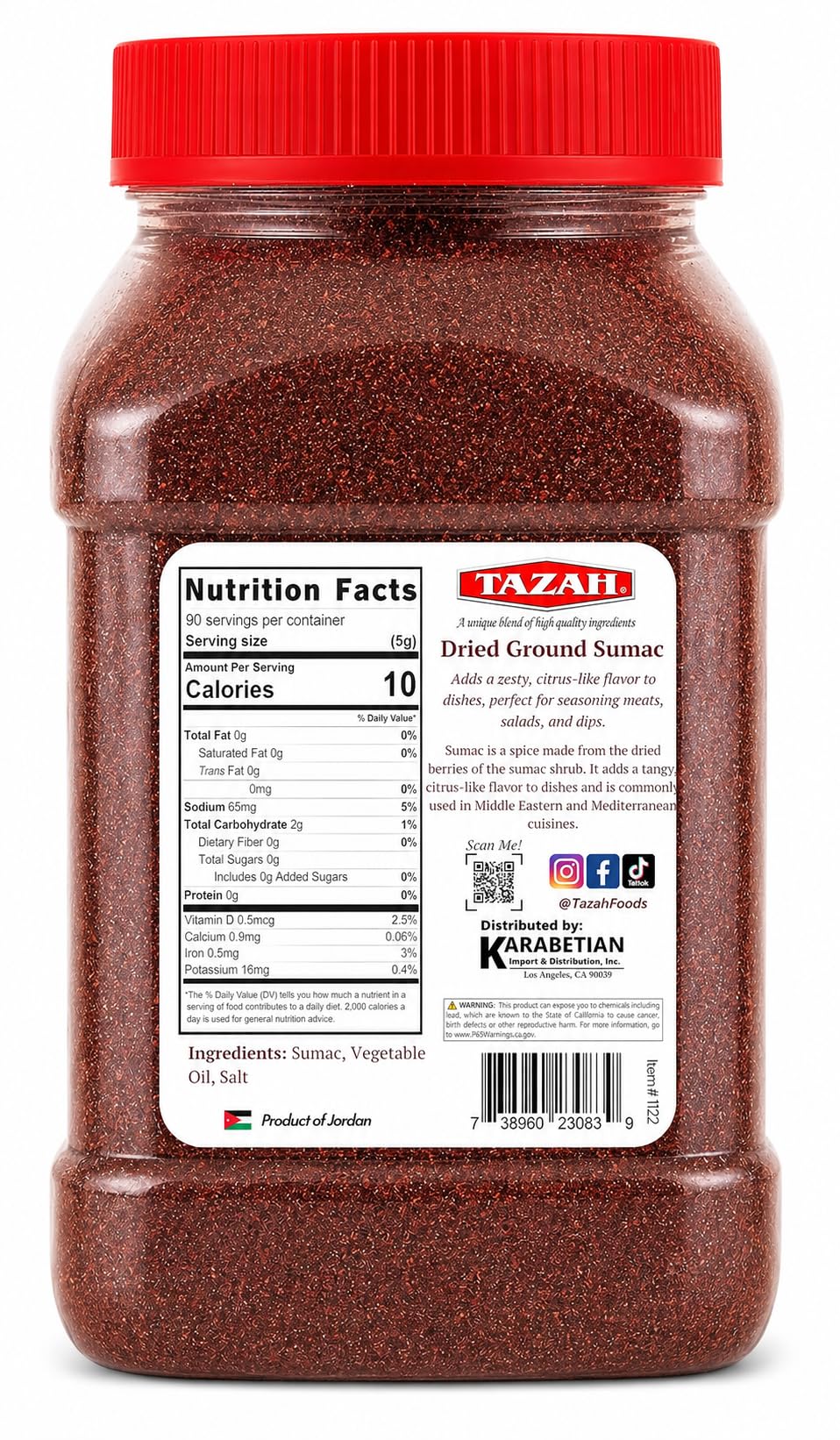 Tazah Sumac Spice jar label close-up, highlighting Jordanian origin for dressings and marinades.
