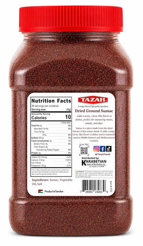 Tazah Sumac Spice jar label close-up, highlighting Jordanian origin for dressings and marinades.
