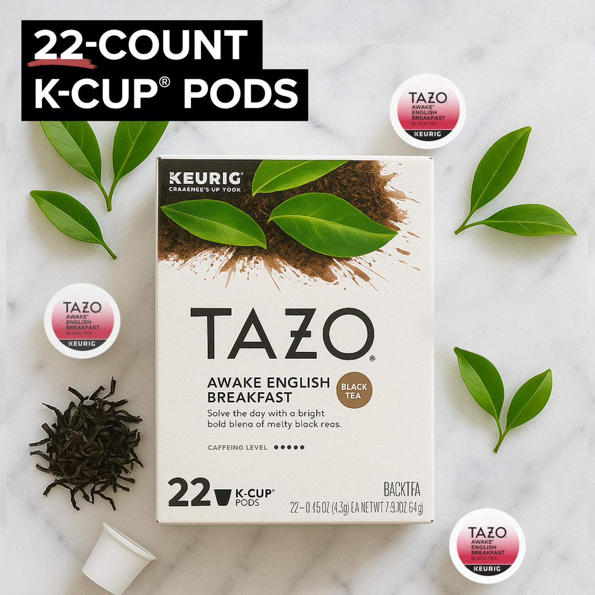 TAZO Awake English Breakfast K-Cup box display highlights premium blend.