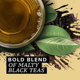 TAZO Black Tea packet closeup showcases premium leaves and blend.
