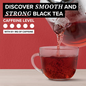 TAZO brewed English Breakfast cup with steam ready to sip.