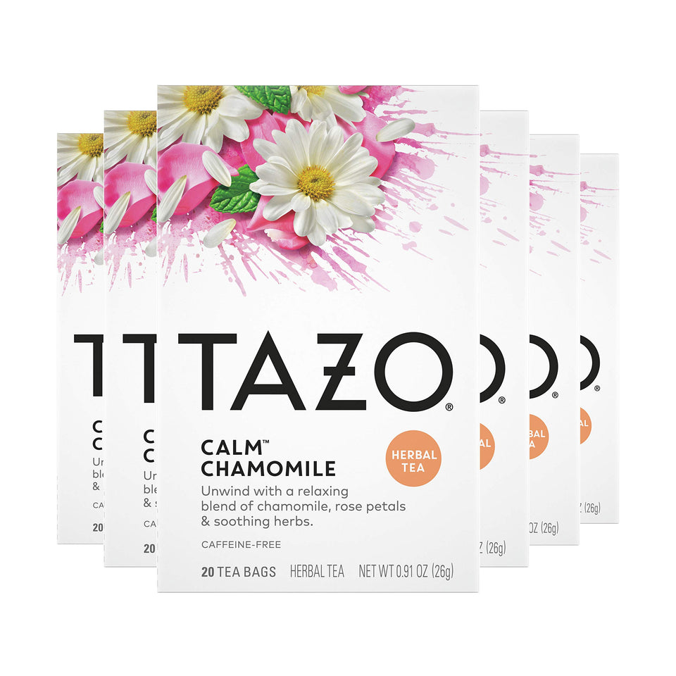 TAZO Calm Chamomile tea bags in outer box for a calming evening ritual.