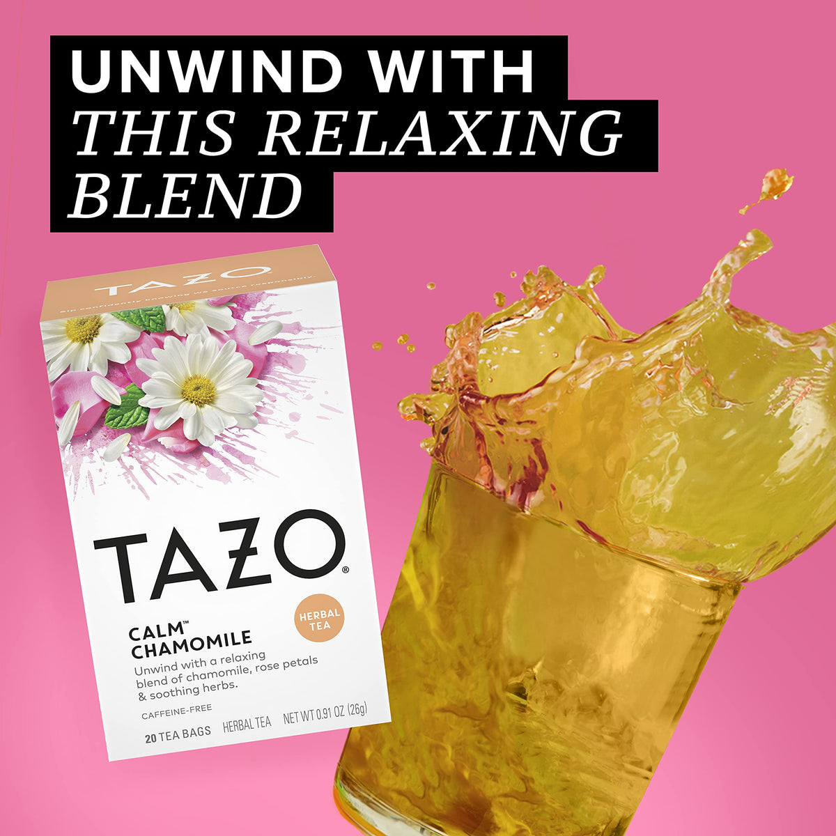 Brewing cup of TAZO Calm Chamomile to unwind after a busy day.