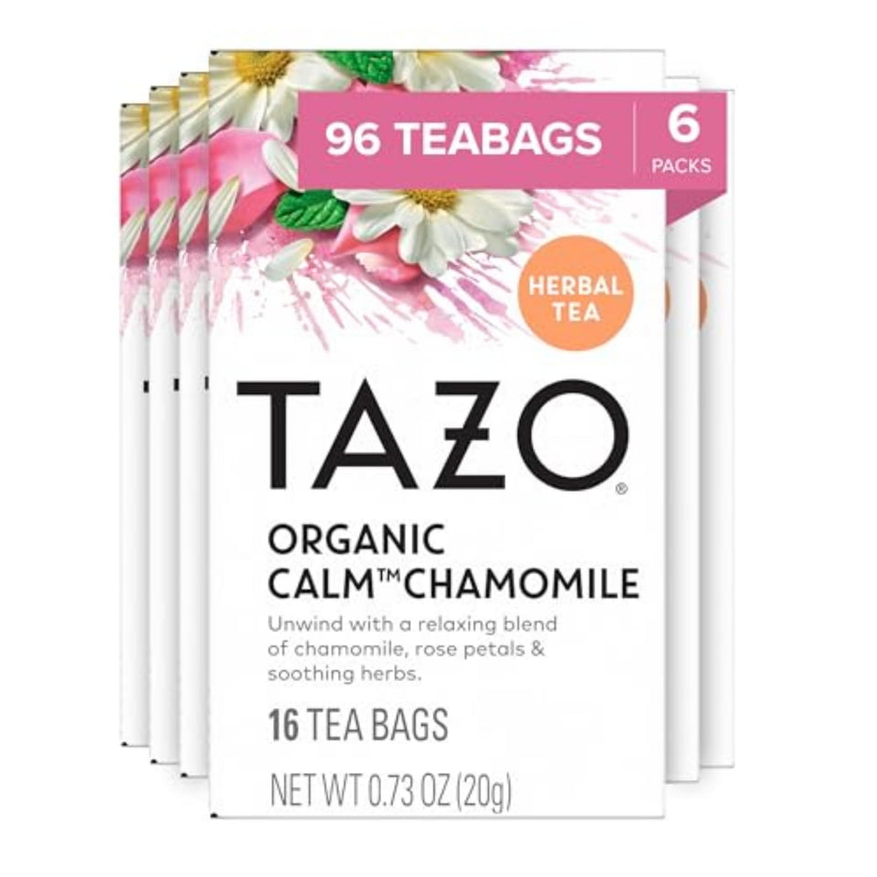 TAZO Calm Chamomile tea bag steeping for a calming moment