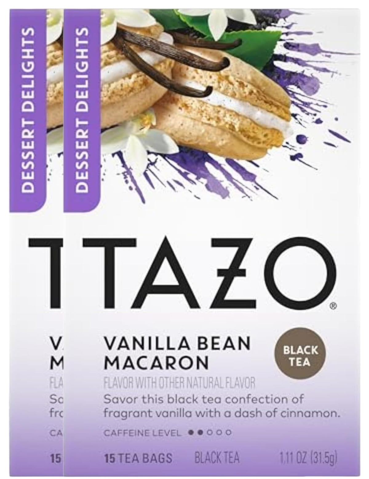 TAZO Dessert Delights packaging featuring vanilla bean macaron flavor for a dessert-inspired tea.