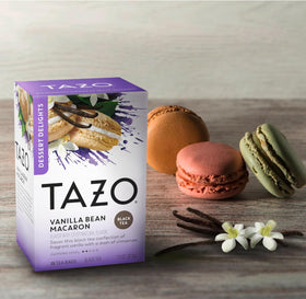 TAZO Vanilla Bean Macaron blend close-up shows cocoa and spice.