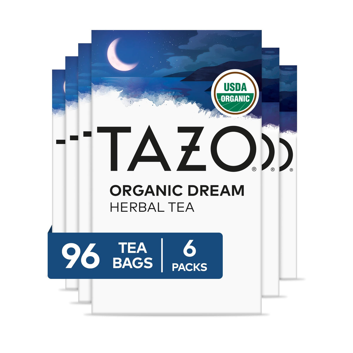 TAZO DREAM Organic Herbal Tea Bags box front view for a caffeine-free bedtime ritual.