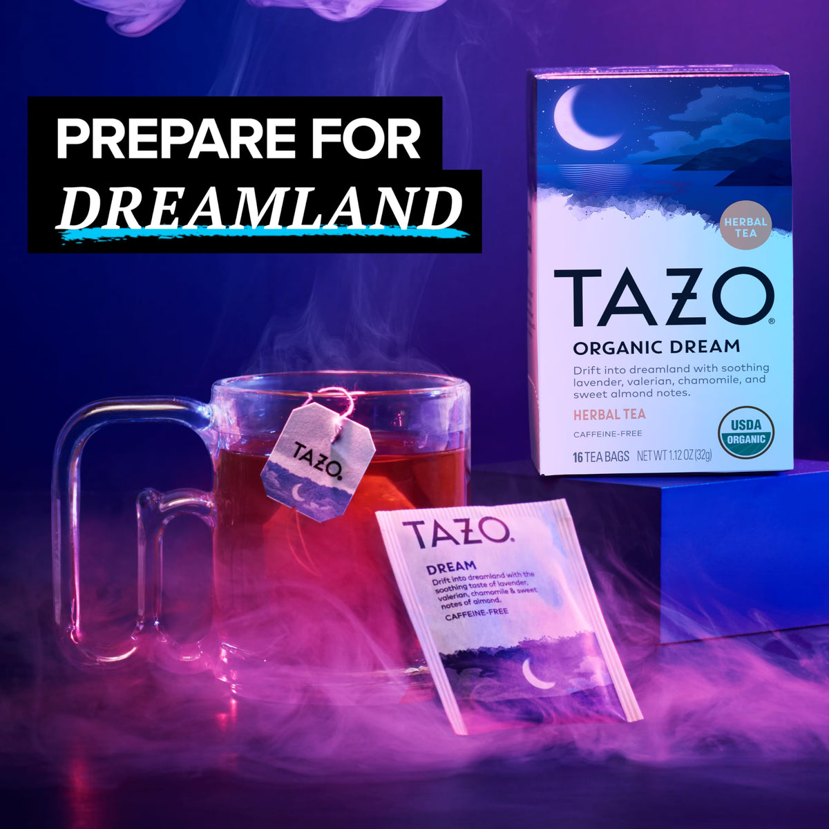 TAZO DREAM tea bags steeping in a cup, inviting a calming evening moment.