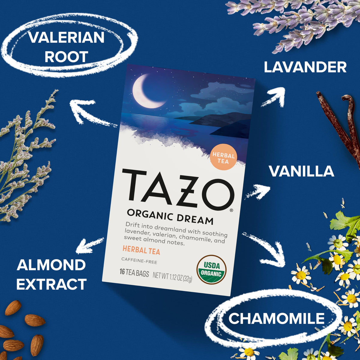 Closeup of the DREAM label highlighting organic ingredients like chamomile and lavender.