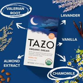 Closeup of the DREAM label highlighting organic ingredients like chamomile and lavender.