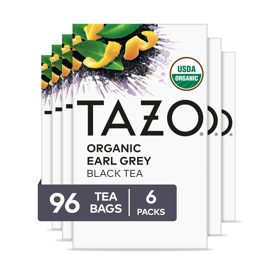 TAZO Organic Earl Grey tea bags in a box for quick morning prep.