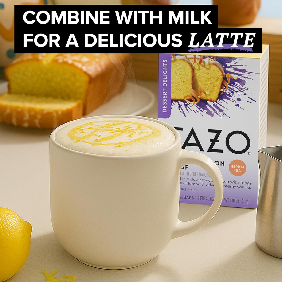 Cup with rising steam and dessert-like aroma from TAZO Glazed Lemon Loaf.
