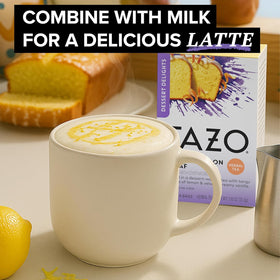 Cup with rising steam and dessert-like aroma from TAZO Glazed Lemon Loaf.