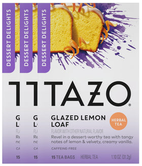 TAZO Glazed Lemon Loaf tea bag in cup releasing comforting lemon-vanilla aroma.