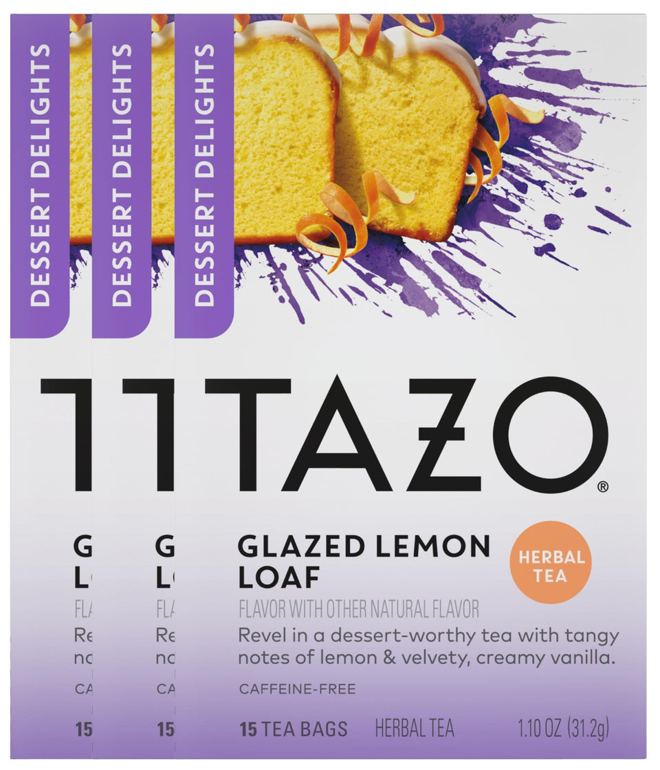 TAZO Glazed Lemon Loaf tea bag in cup releasing comforting lemon-vanilla aroma.