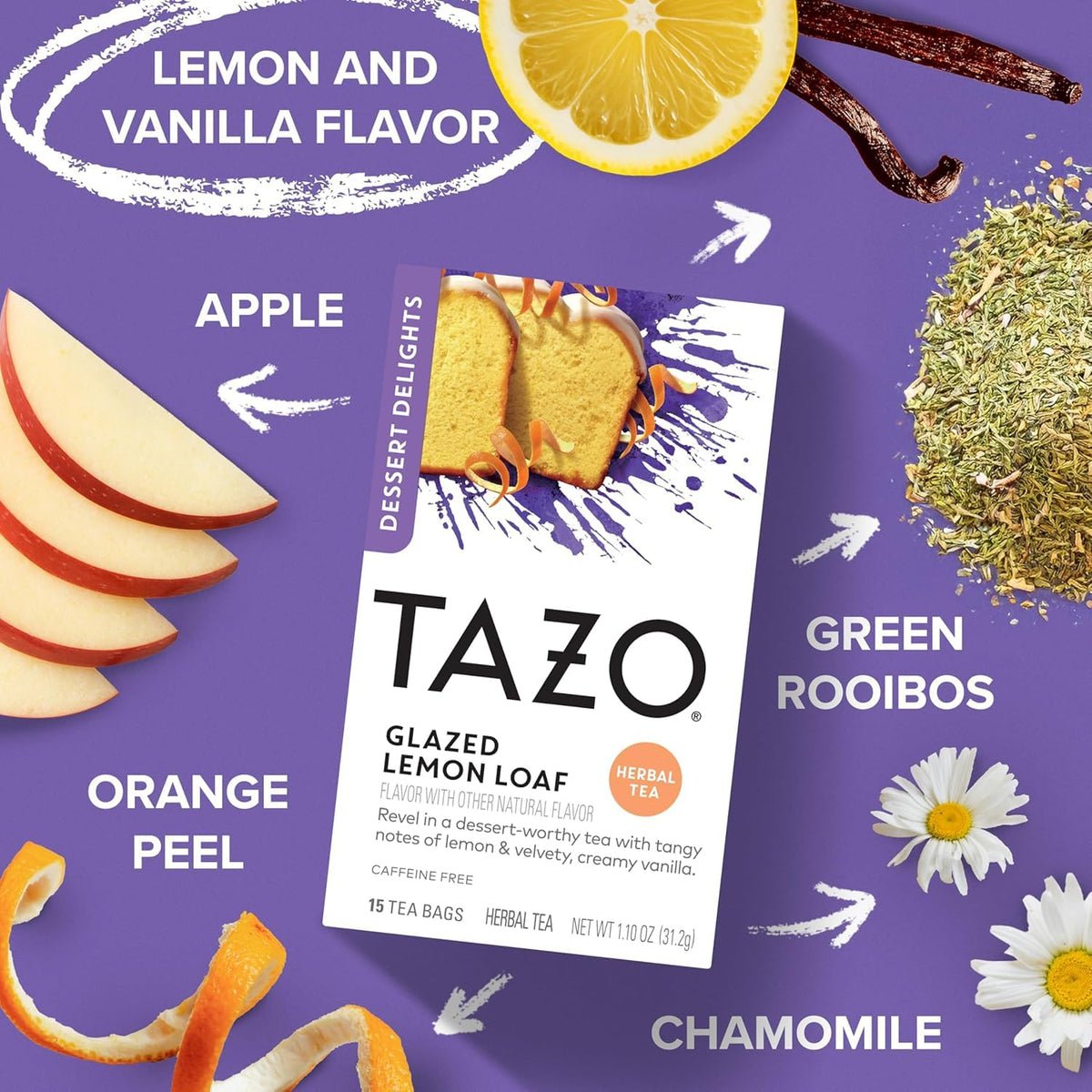 TAZO Glazed Lemon Loaf box shows 15 individually wrapped tea bags for freshness.