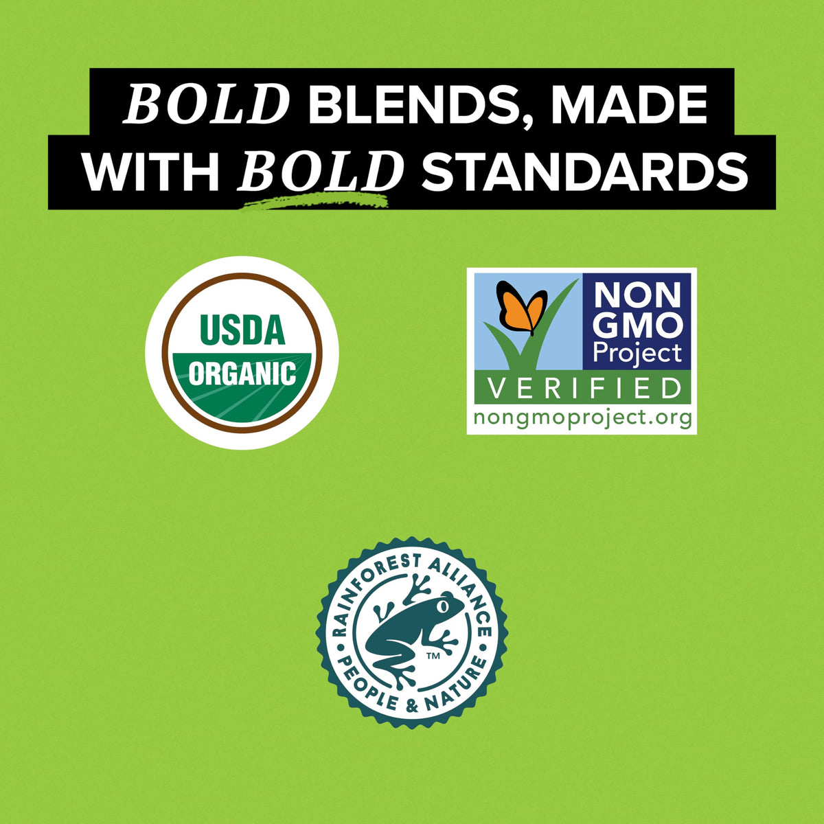TAZO certifications on the label reinforce trust in organic and non-GMO claims.