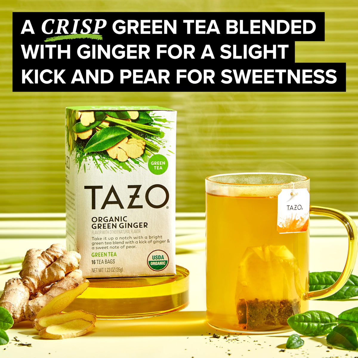 Ginger and lemongrass ingredients of TAZO Green Ginger with a tropical pear note.