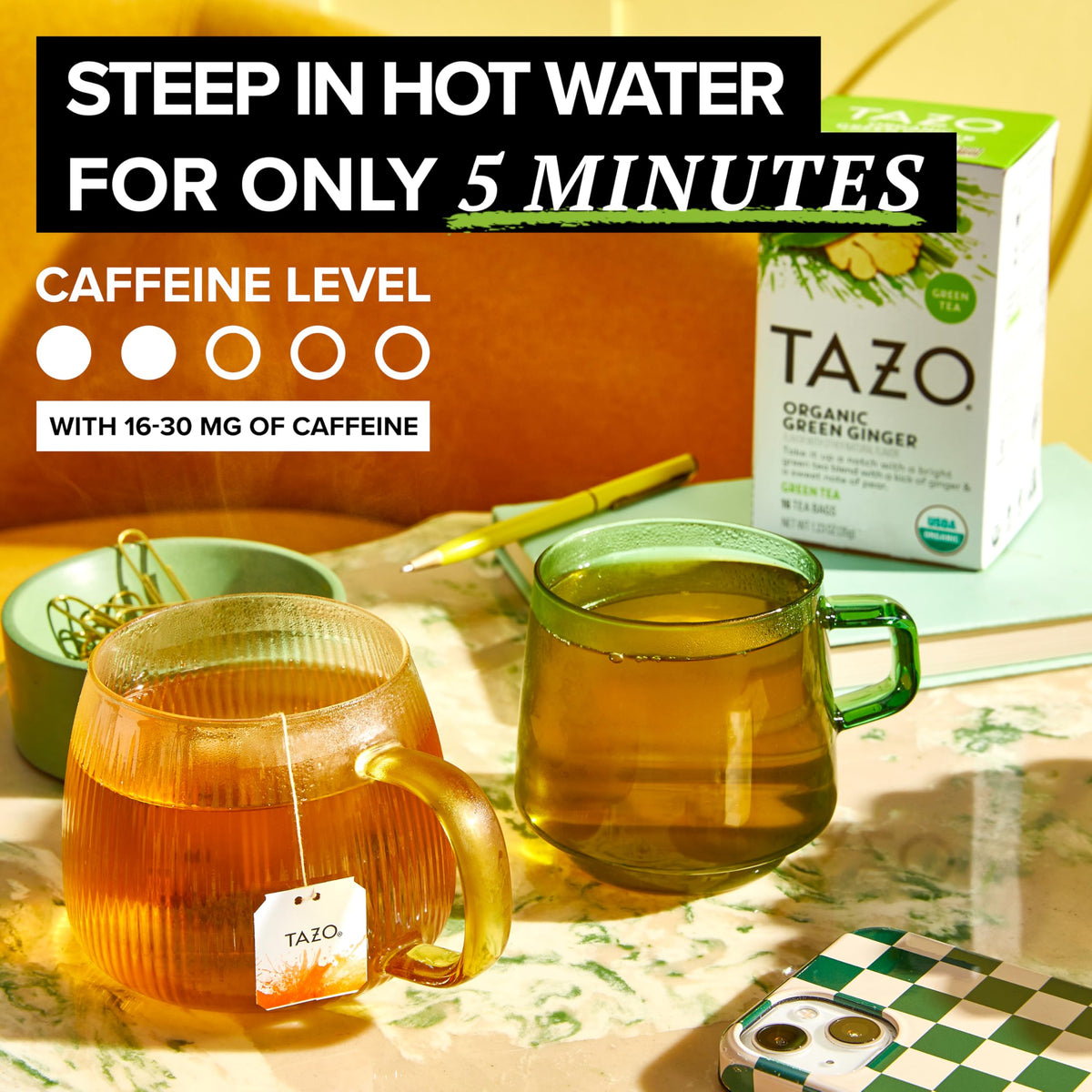 Boiling water ready to brew TAZO Green Ginger in the kettle.