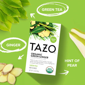 TAZO Green Ginger packaging label highlighting organic, kosher, and Non-GMO status.