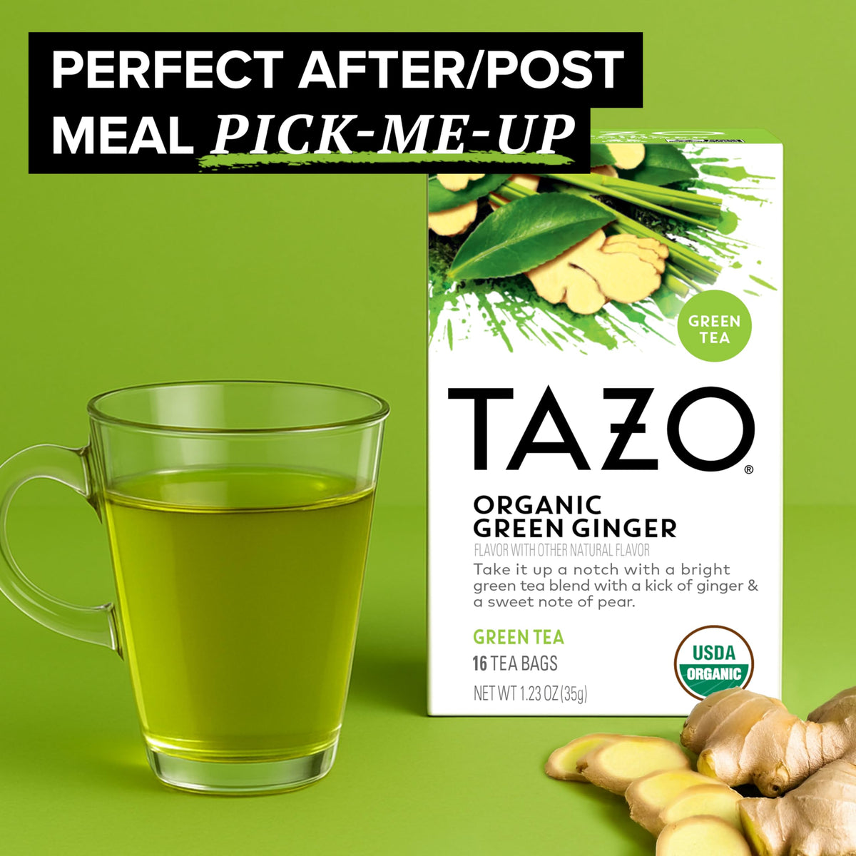 A cup showing a steeped TAZO Green Ginger tea, rich in color and aroma.