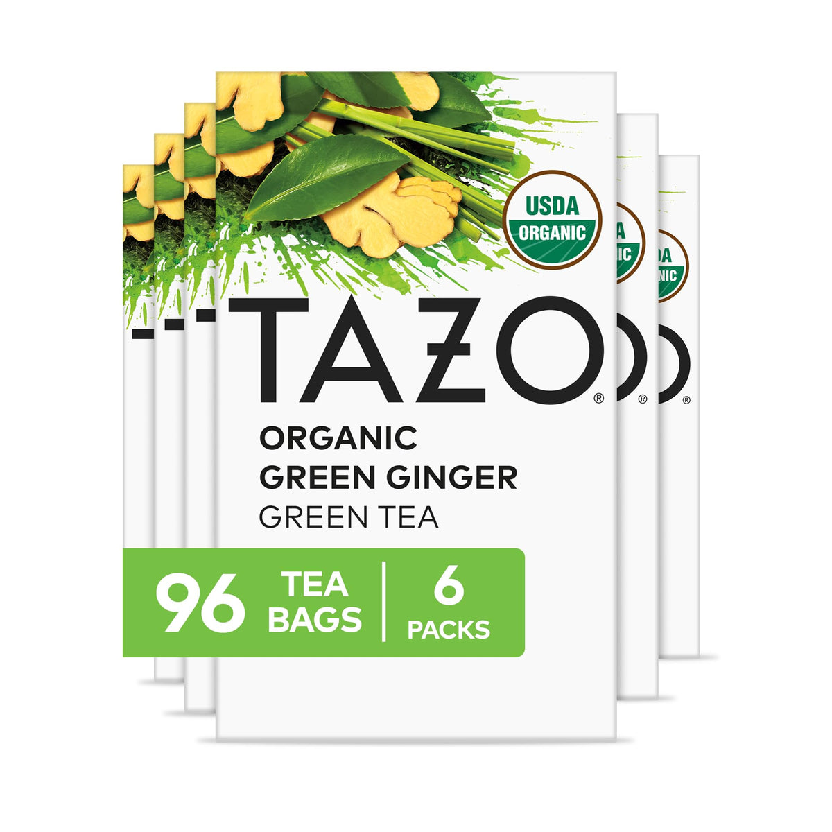 TAZO Green Ginger tea bags in a box, perfect for quick brewing.