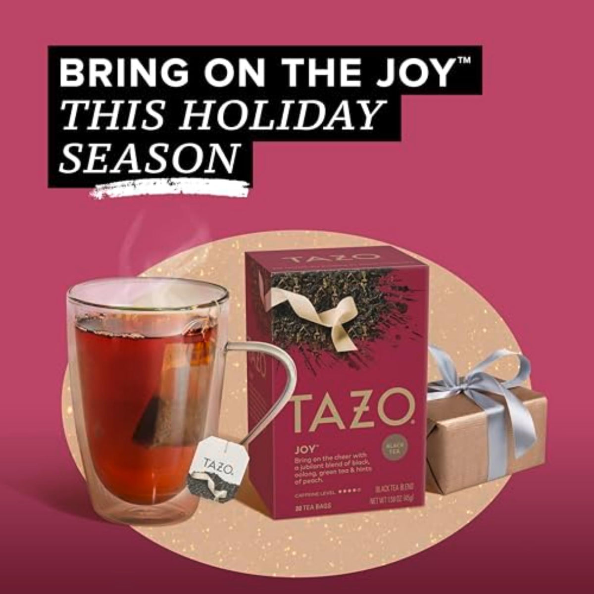 Non-GMO Project and kosher certification badges on TAZO Joy packaging.