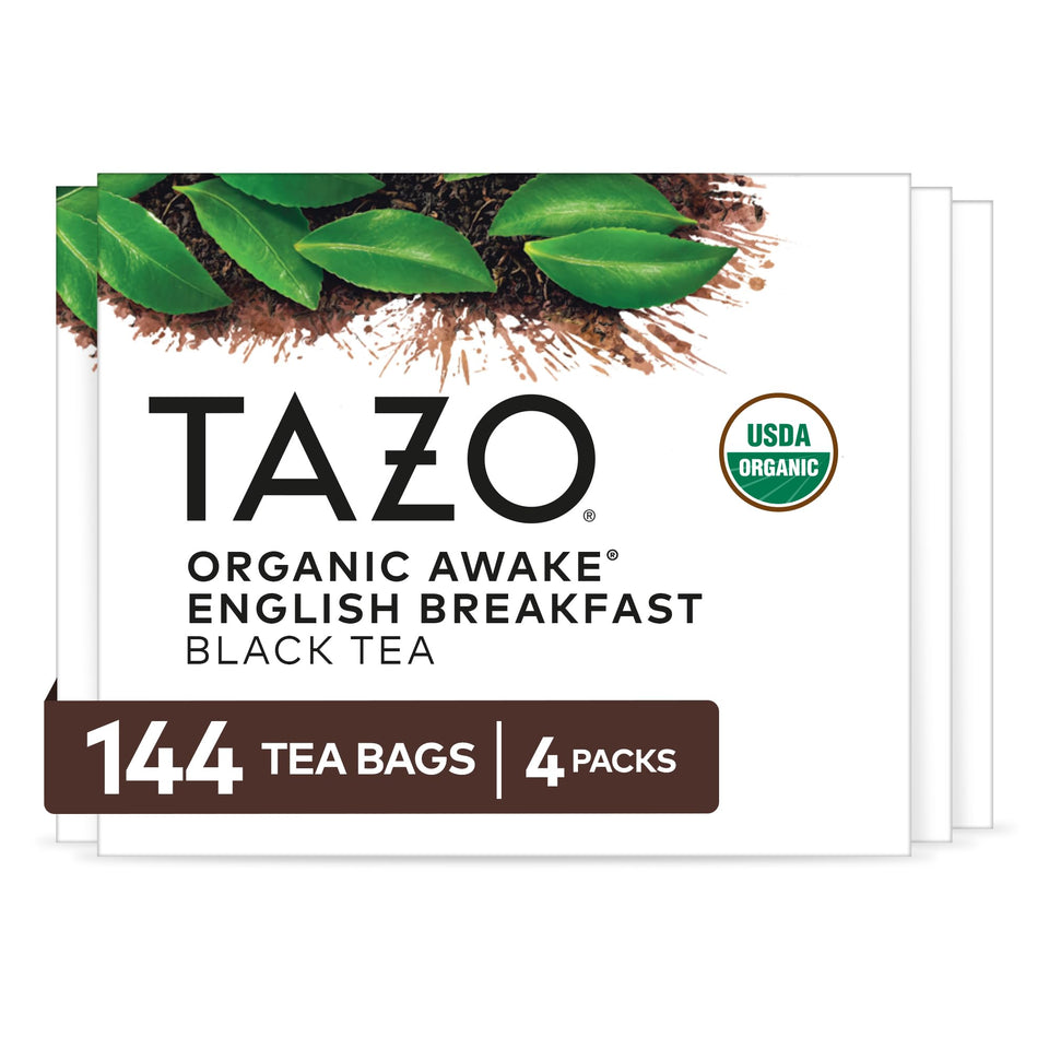 TAZO Organic Awake English Breakfast tea bags in boxes for bold mornings.