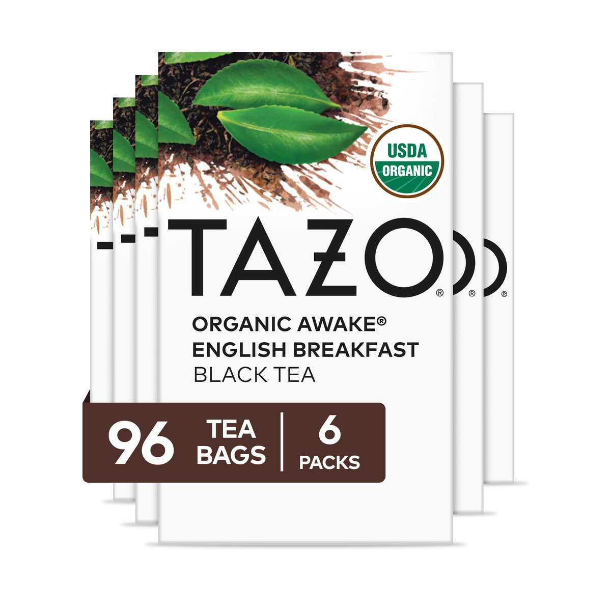 TAZO Organic Awake English Breakfast tea box on the counter for a bold morning