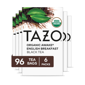 TAZO Organic Awake English Breakfast tea box on the counter for a bold morning