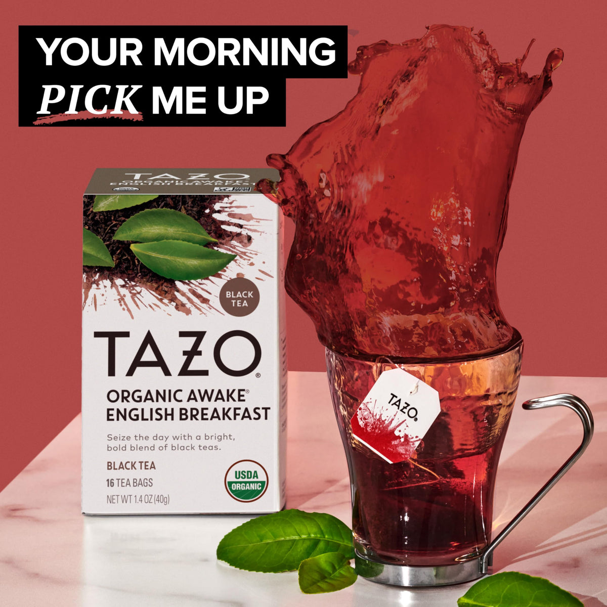 TAZO Organic Awake tea bags in a 16-count box ready to brew