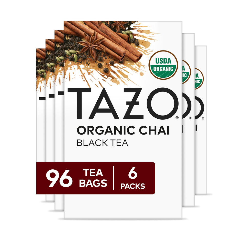 TAZO Organic Chai Black Tea Bags in six 16-count boxes for daily use.