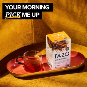 Close-up of TAZO Organic Chai Black Tea Bags with a spice-forward blend.