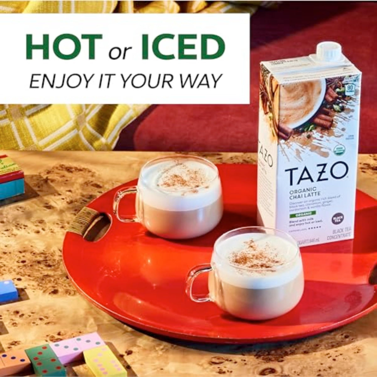 Chilled chai over ice with milk using TAZO Organic Chai Latte concentrate.