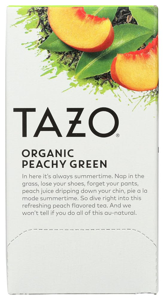 TAZO Organic Peachy Green Tea bags ready for a fragrant peachy infusion at home.