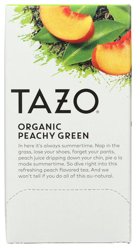 TAZO Organic Peachy Green Tea bags ready for a fragrant peachy infusion at home.