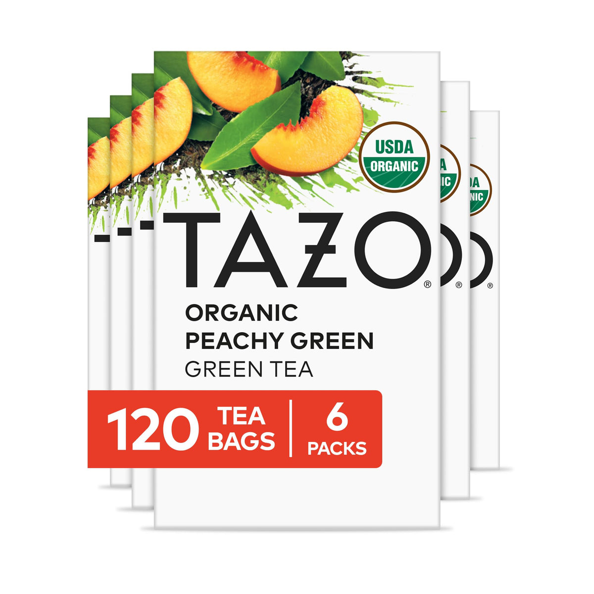 TAZO Peachy Green Tea bags ready to brew a refreshing peachy cup.