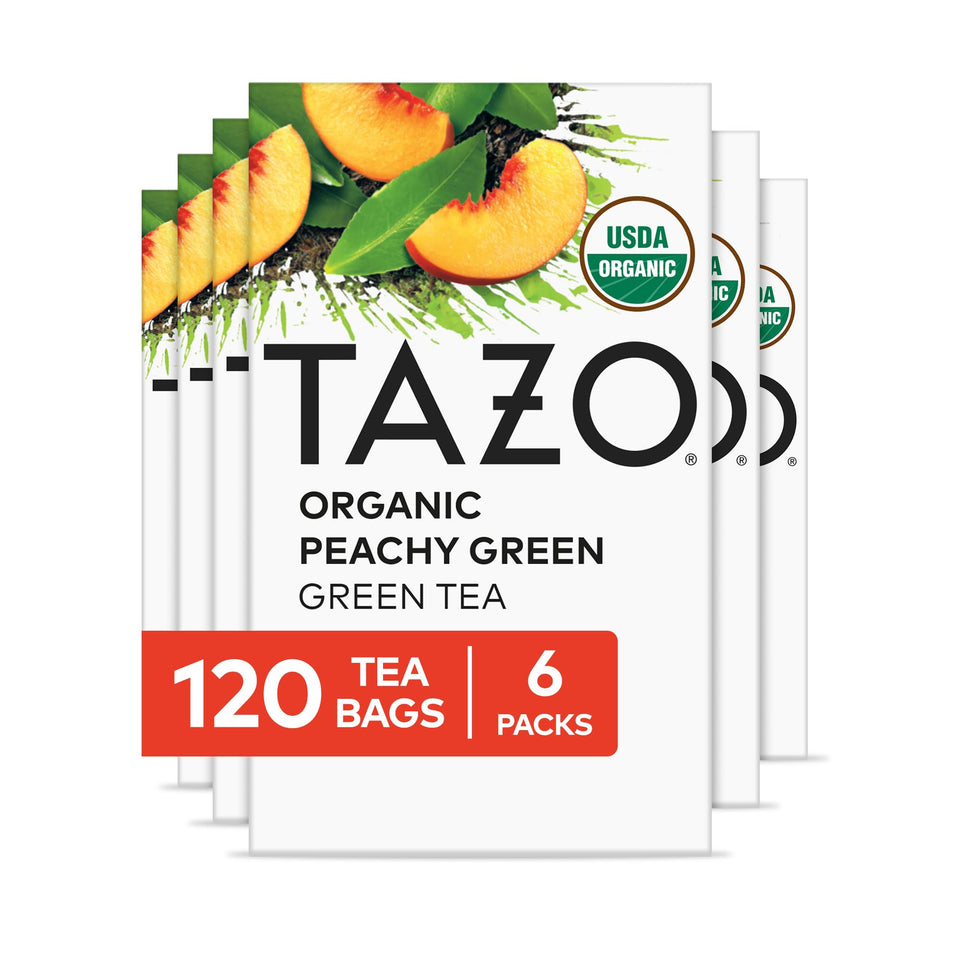 TAZO Peachy Green Tea bags ready to brew a refreshing peachy cup.