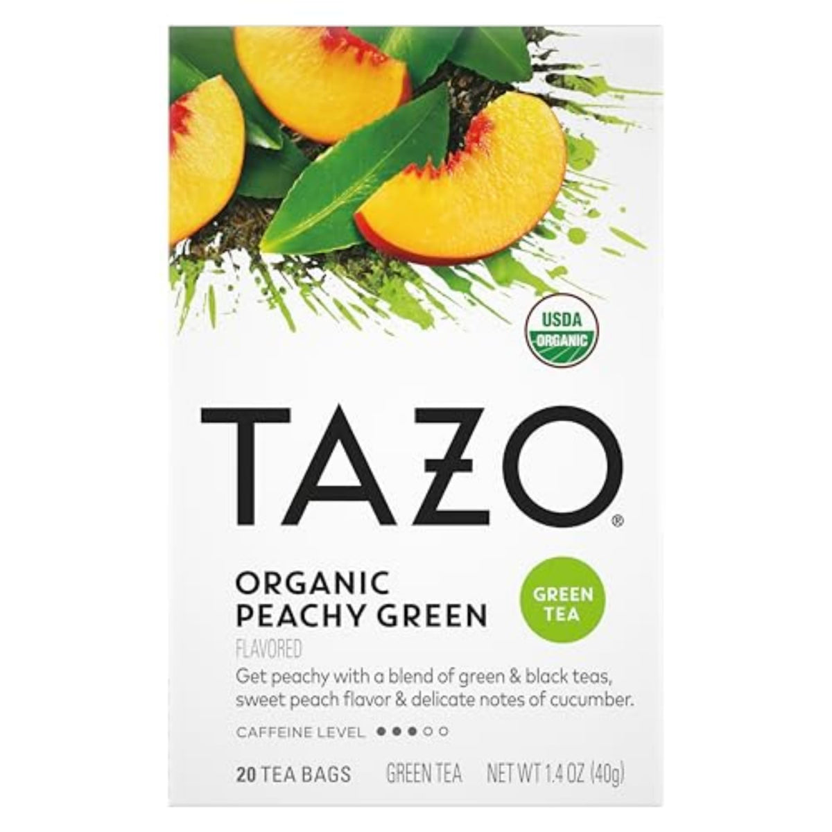 Six-pack box of TAZO Peachy Green Tea for daily peachy moments.