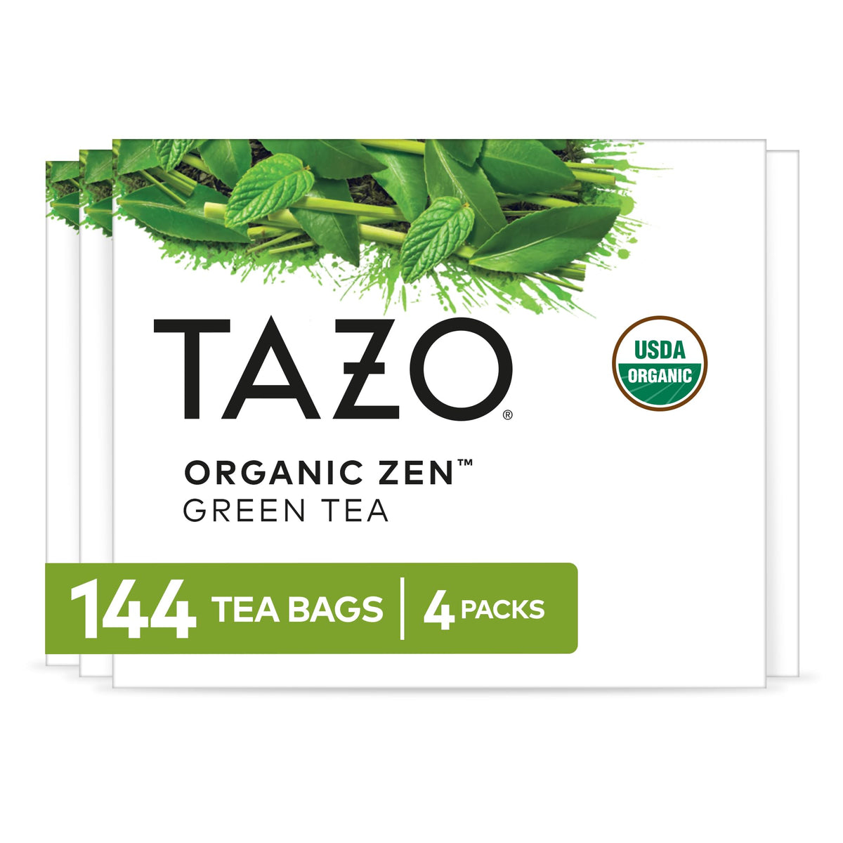 TAZO Organic Zen Green Tea bags in four-pack boxes for convenient daily brewing.