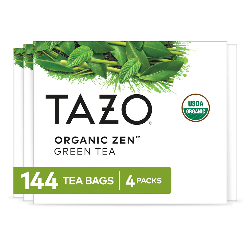 TAZO Organic Zen Green Tea bags in four-pack boxes for convenient daily brewing.