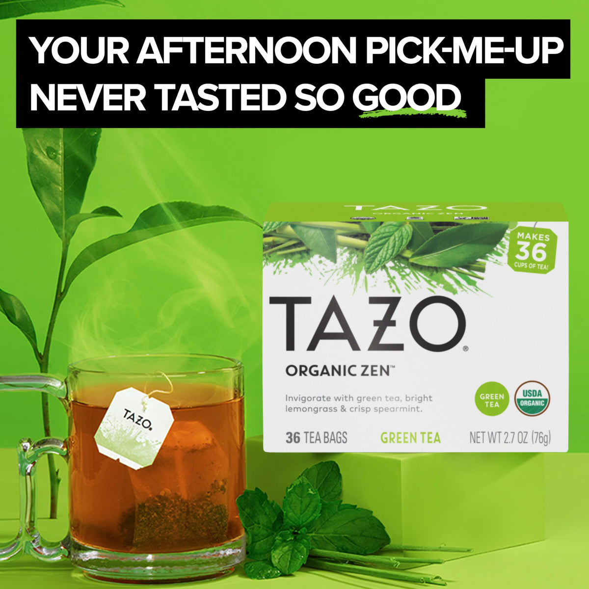 Closeup of TAZO Organic Zen Green Tea bags with crisp texture and inviting aroma.