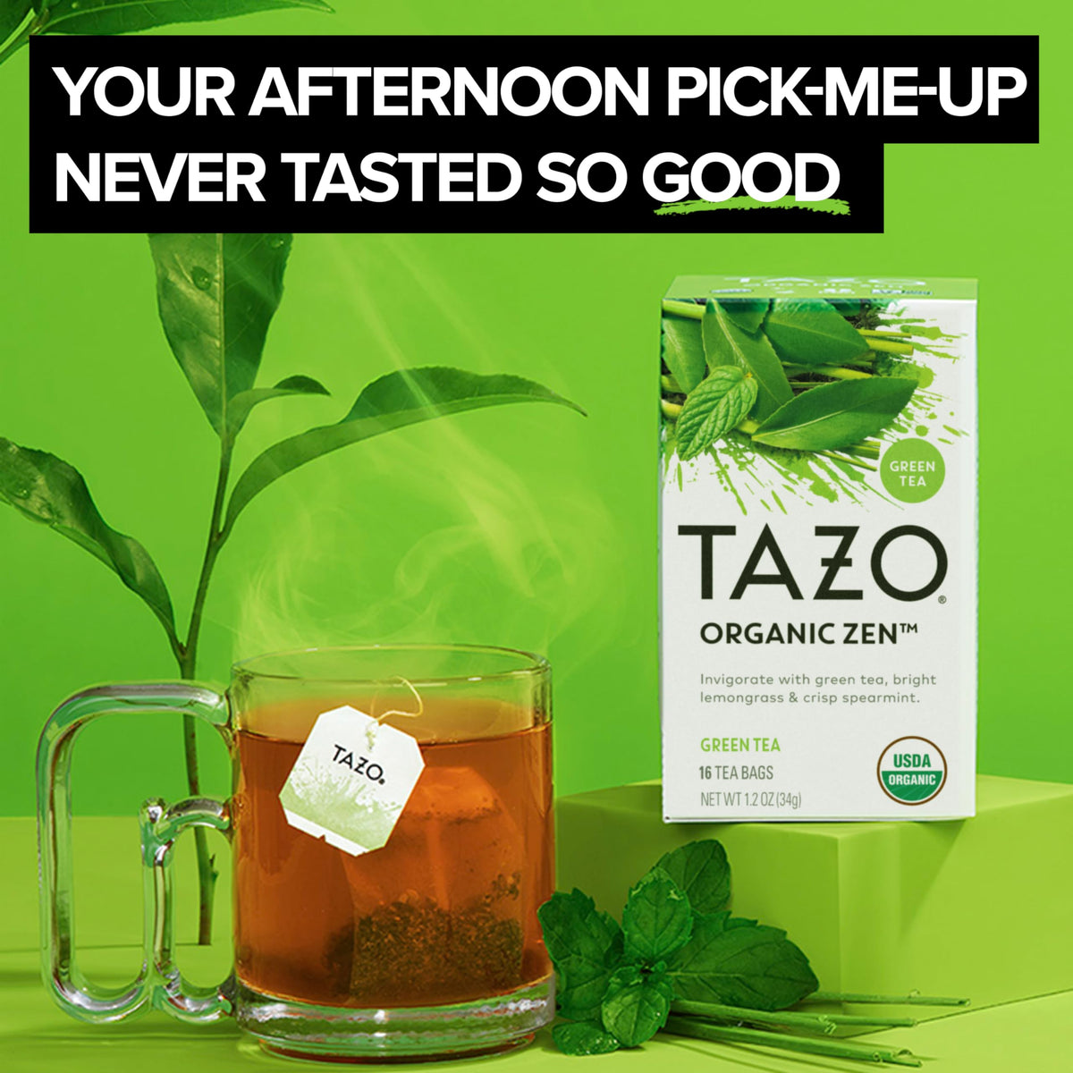 A steaming cup of TAZO Zen Green Tea steeping for a bright, balanced sip.