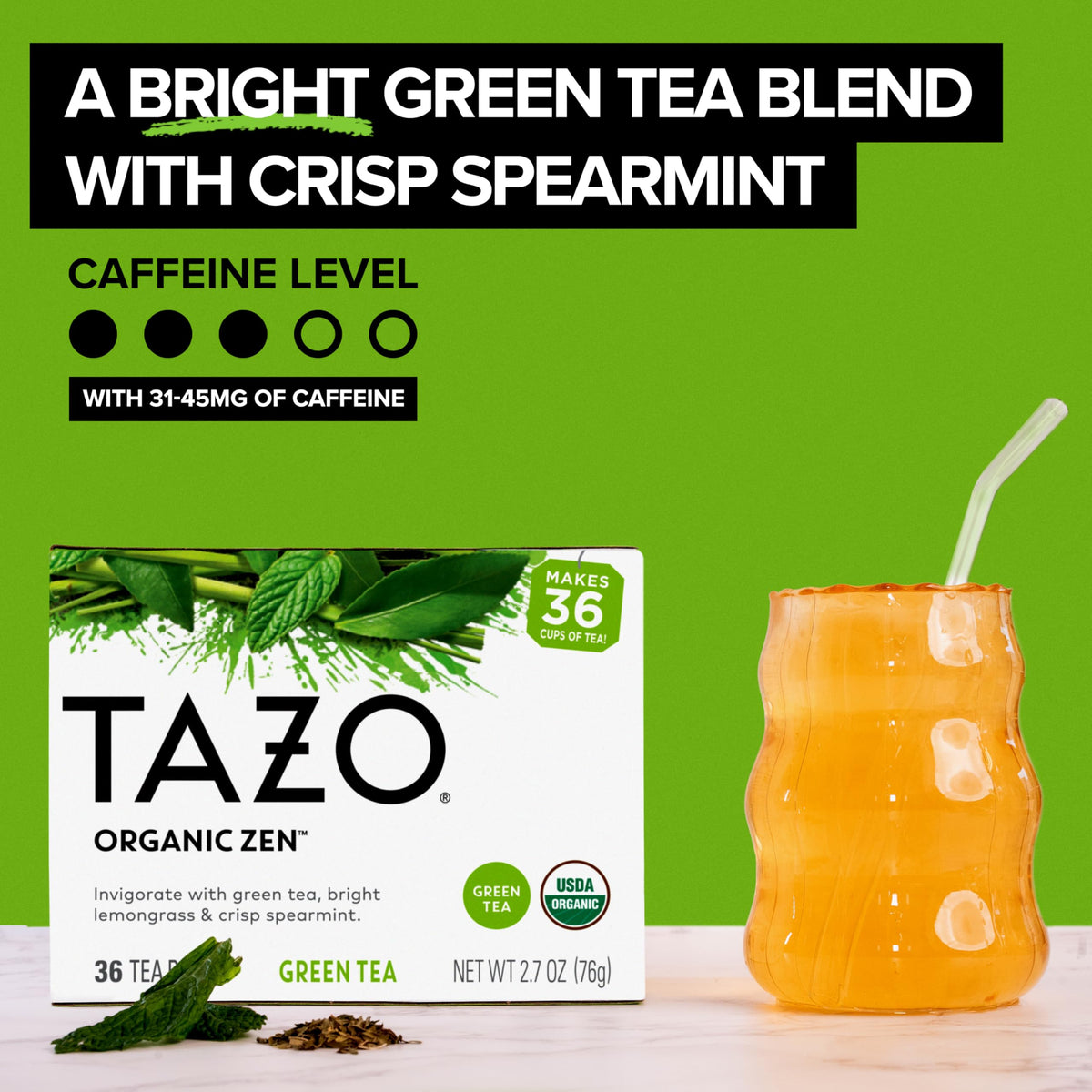 Infusion image of TAZO Organic Zen Green Tea ingredients like spearmint and lemongrass.